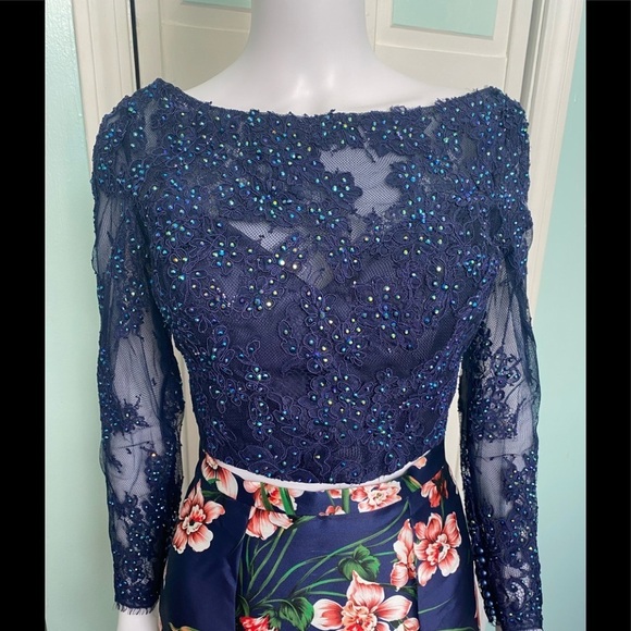 Size 6 Ellie Wilde EW117090 Long Sleeve Navy Floral 2 piece prom dress gown NWT - Picture 2 of 5